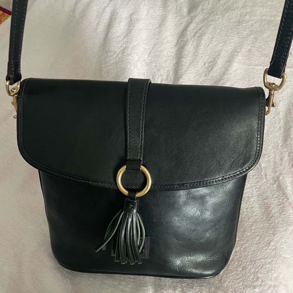 Dooney & Bourke Black Leather Crossbody Bag with Brass accents